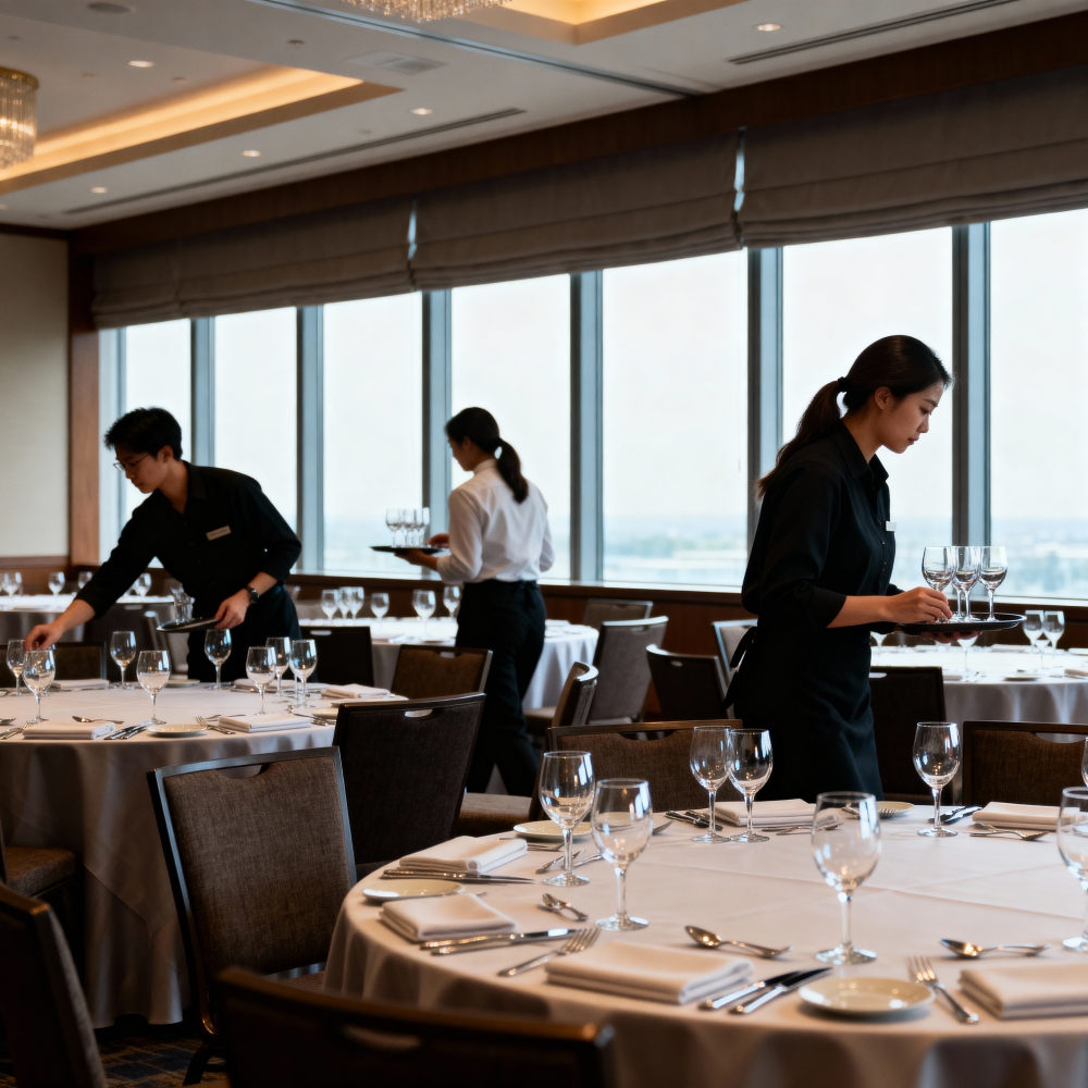 Serviceteam bereitet Konferenzraum vor – Symbol für Teamarbeit und Engagement im Dienstleistungsunternehmen.