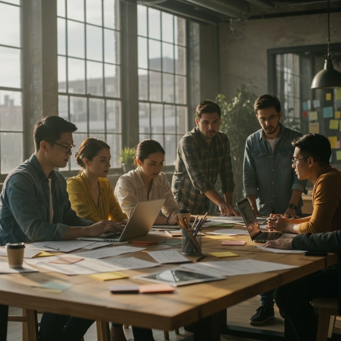 Kreativteam arbeitet im modernen Loft bei Sonnenlicht – Symbol für Zusammenarbeit und kreative Dynamik in der Marketingagentur.