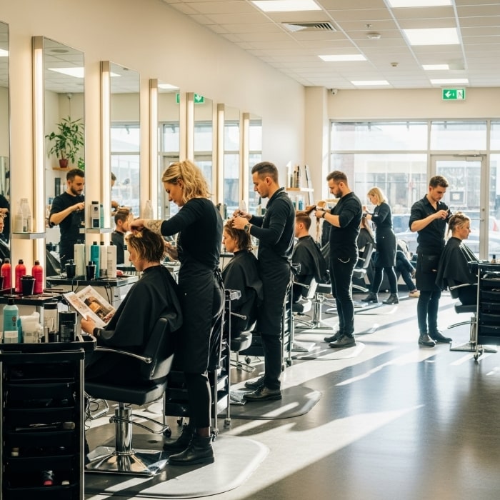 Mehrere Friseurinnen arbeiten im belebten Salon – Symbol für Teamgeist und Dynamik im Dienstleistungsunternehmen.