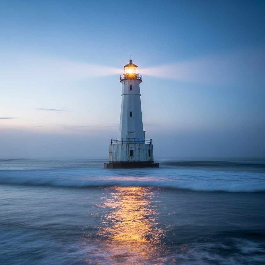 Mittig platzierter Leuchtturm bei Dämmerung mit aktivem Lichtstrahl im Nebel – Symbol für XDR-Sicherheit.