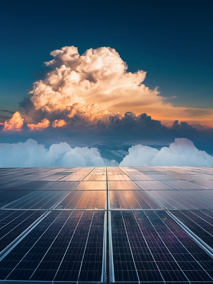Solarmodule unter einer aufziehenden Wolkenformation – Symbol für nachhaltige IT-Lösungen, Cloud-Infrastruktur und zukunftssichere Konnektivität durch Savecall.