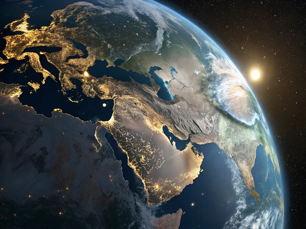 Highly detailed view of Earth from space with glowing city lights on the night side — symbol of global communication and connection.