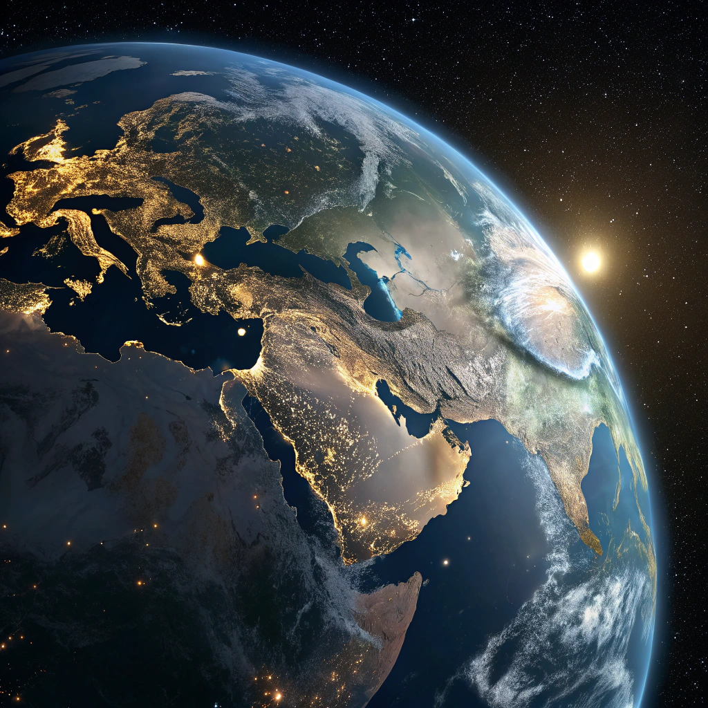 Highly detailed view of Earth from space with glowing city lights on the night side — symbol of global communication and connection.