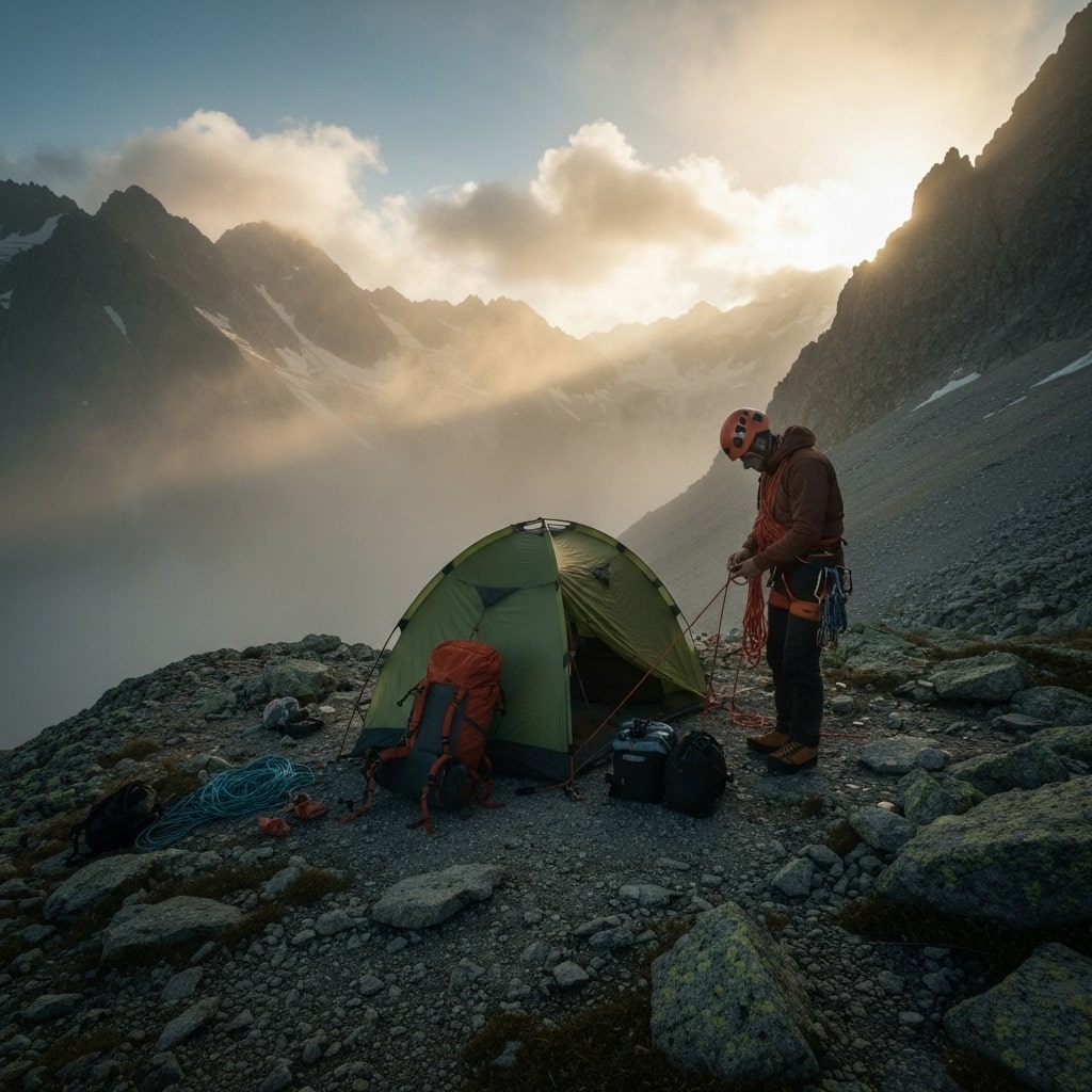 Bergsteiger richtet Notfalllager ein – Symbol für Vorbereitung und Krisenmanagement.