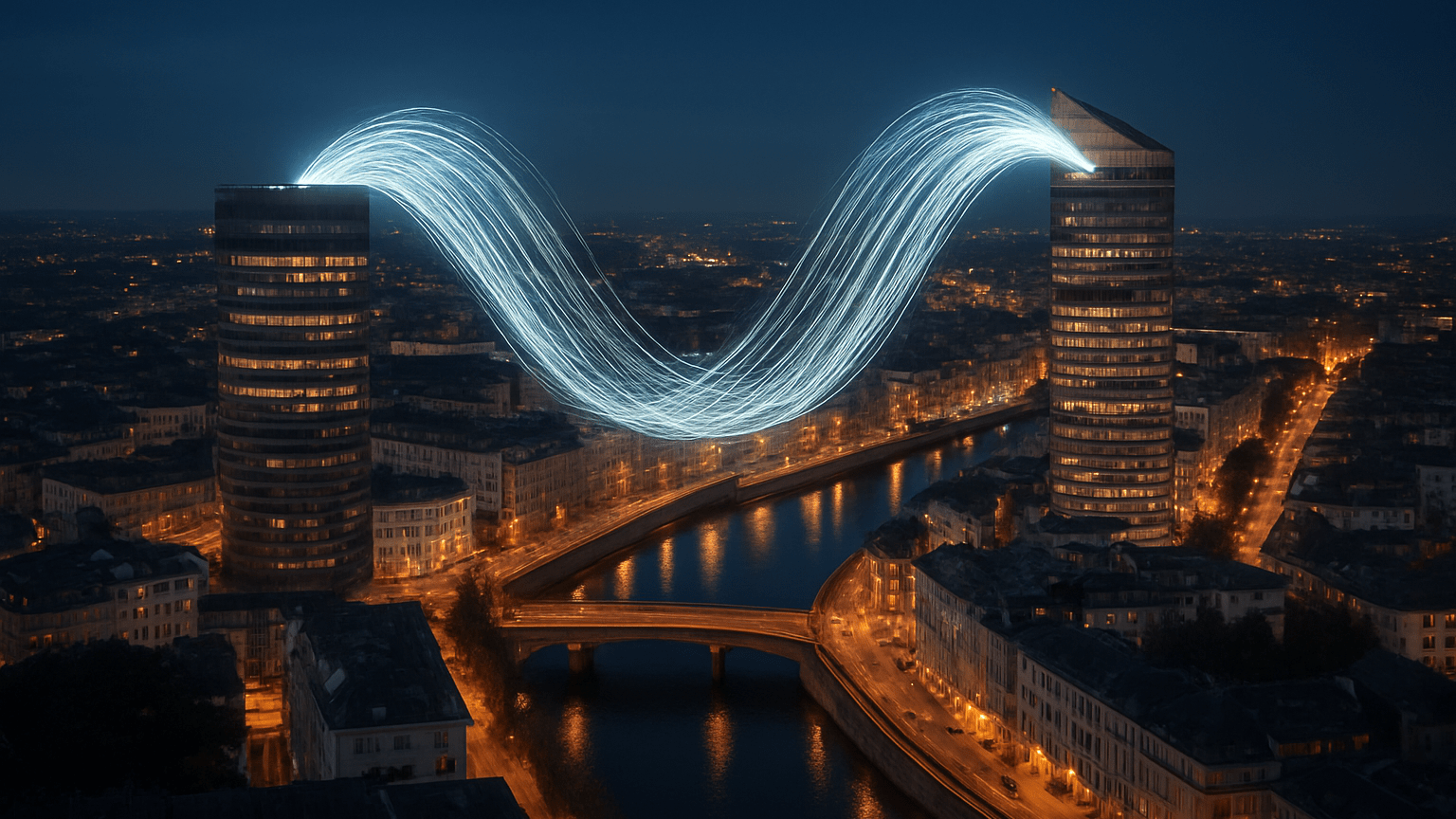 Zwei Hochhäuser bei Nacht, verbunden durch leuchtende Datenströme – Symbol für Standortvernetzung, SD-WAN und sichere Unternehmenskommunikation durch Savecall.