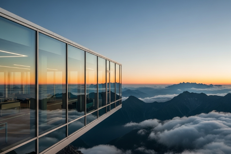 Modernes Gebäude mit Glasfassade hoch in den Bergen über den Wolken – Symbol für grenzenlose Konnektivität, Cloud-Integration und Standortvernetzung durch Savecall.