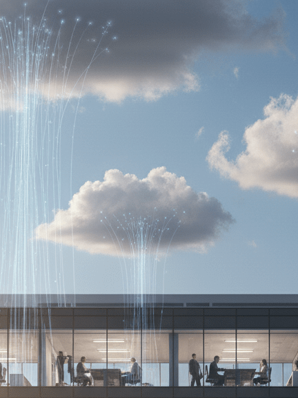 Moderne Büroetage mit Menschen bei der Arbeit, darüber digitale Datenströme in den Himmel – Symbol für Cloud-Anbindung, Connectivity und sichere Netzwerklösungen durch Savecall.