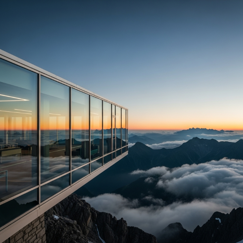 Modernes Gebäude mit Glasfassade hoch in den Bergen über den Wolken – Symbol für grenzenlose Konnektivität, Cloud-Integration und Standortvernetzung durch Savecall.