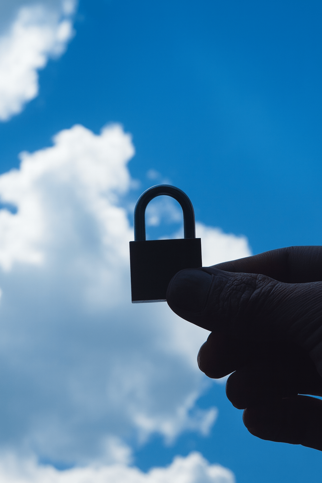 Hand hält ein Vorhängeschloss vor einer Wolke am Himmel Symbol für sichere Cloud-Lösungen und Datenschutz durch Savecall.