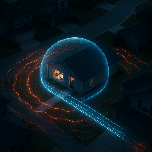 Haus mit digitalem Schutzschild und leuchtenden Datenströmen - Symbol für Netzwerksicherheit, Firewalls und geschützte IT-Infrastruktur durch Savecall.