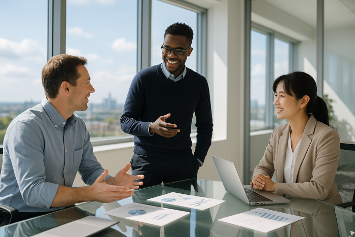 Drei Geschäftsleute im Meeting mit Laptop und Unterlagen – Symbol für persönliche Beratung, Teamwork und maßgeschneiderte Telekommunikationslösungen von Savecall.