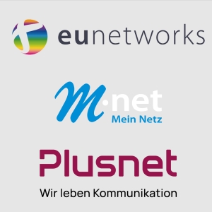 Logos von regionalen Glasfaseranbietern: euNetworks, M-net und Plusnet.