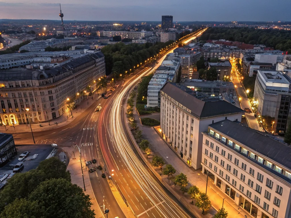 Abendliche Luftaufnahme einer modernen europäischen Stadt mit geschwungener Hauptstraße, beleuchteten Gebäuden und farbigen Lichtspuren vorbeifahrender Autos – Symbol für Konnektivität und stabile Netzwerkinfrastruktur.