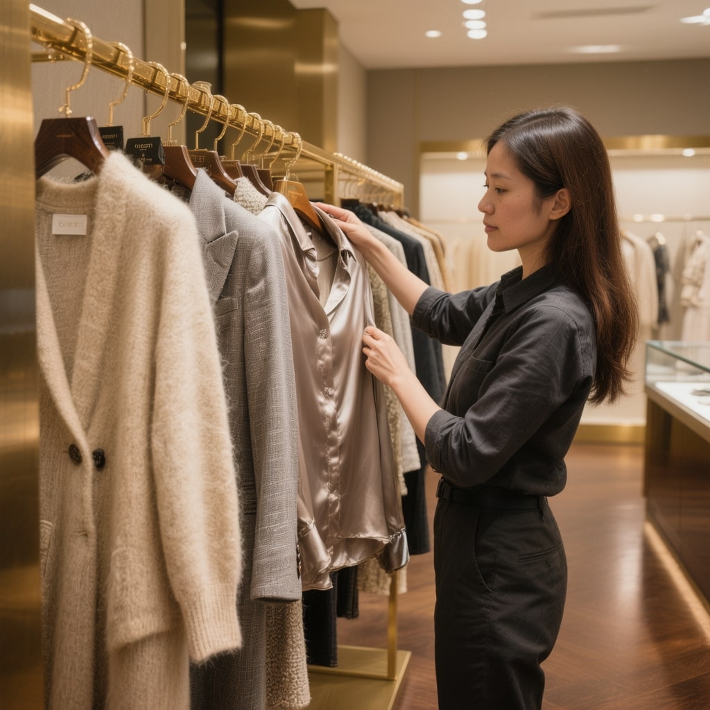 Verkäuferin hängt Kleidung in edler Modeboutique auf.