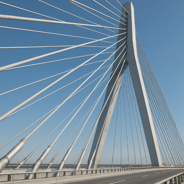 Moderne Schrägseilbrücke bei blauem Himmel – Symbol für stabile Verbindungen, Standortvernetzung und IT-Infrastruktur durch Savecall.