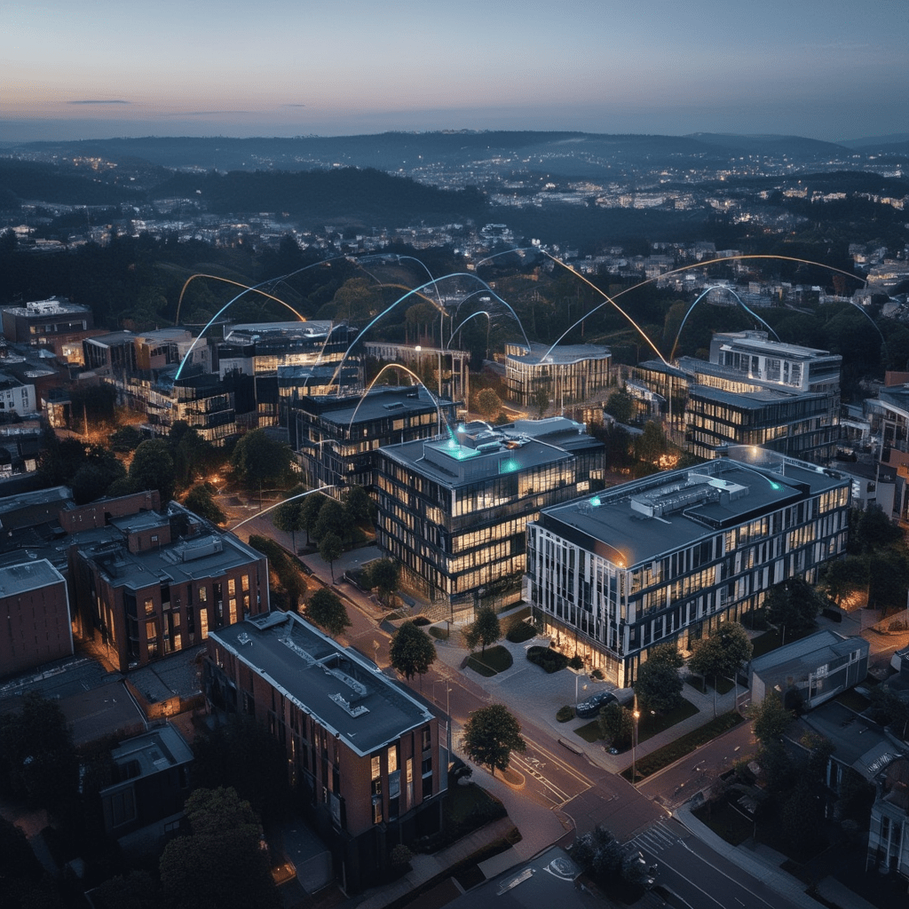 Aerial-Aufnahme eines modernen Büroviertels bei Abenddämmerung, mehrere Geschäftsgebäude sind durch leuchtende Datenverbindungen visuell vernetzt, symbolisiert sichere Standortvernetzung und stabile Unternehmensnetzwerke.