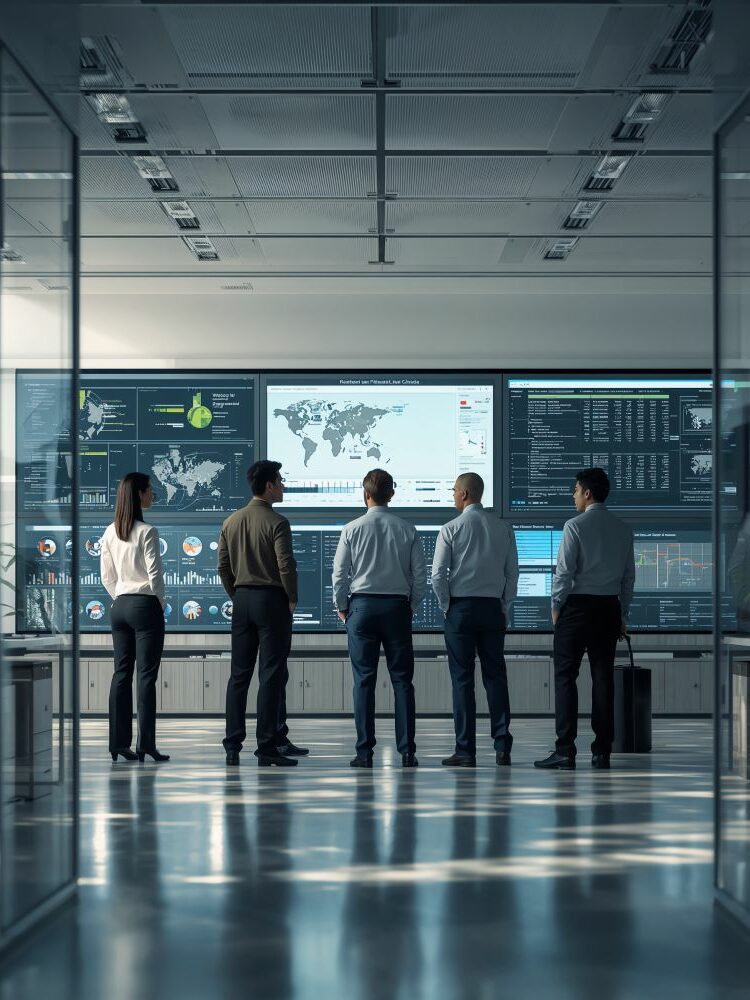 Geschäftliches Team (5 Mitarbeiter, Rückansicht) in modernem Business-Intelligence-Operations-Raum – die Gruppe analysiert Daten auf einer großen Mehrfachbildschirm-Wand (mit globalen Karten, Daten-Dashboards, KPIs und Betriebsanalysen). Passend für Savecall: Szenario zur Team-Zusammenarbeit bei Überwachung von Geschäftsprozessen, Kommunikationsdaten und Effizienzsteigerung (mit Savecall-Lösungen zur Prozessoptimierung).