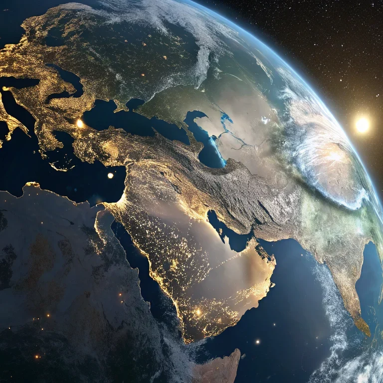 Highly detailed view of Earth from space with glowing city lights on the night side — symbol of global communication and connection.