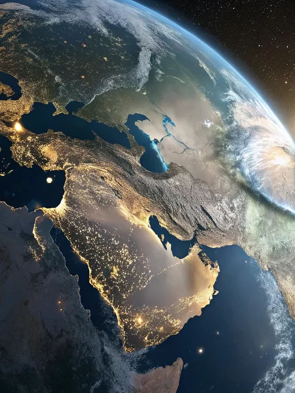Highly detailed view of Earth from space with glowing city lights on the night side — symbol of global communication and connection.