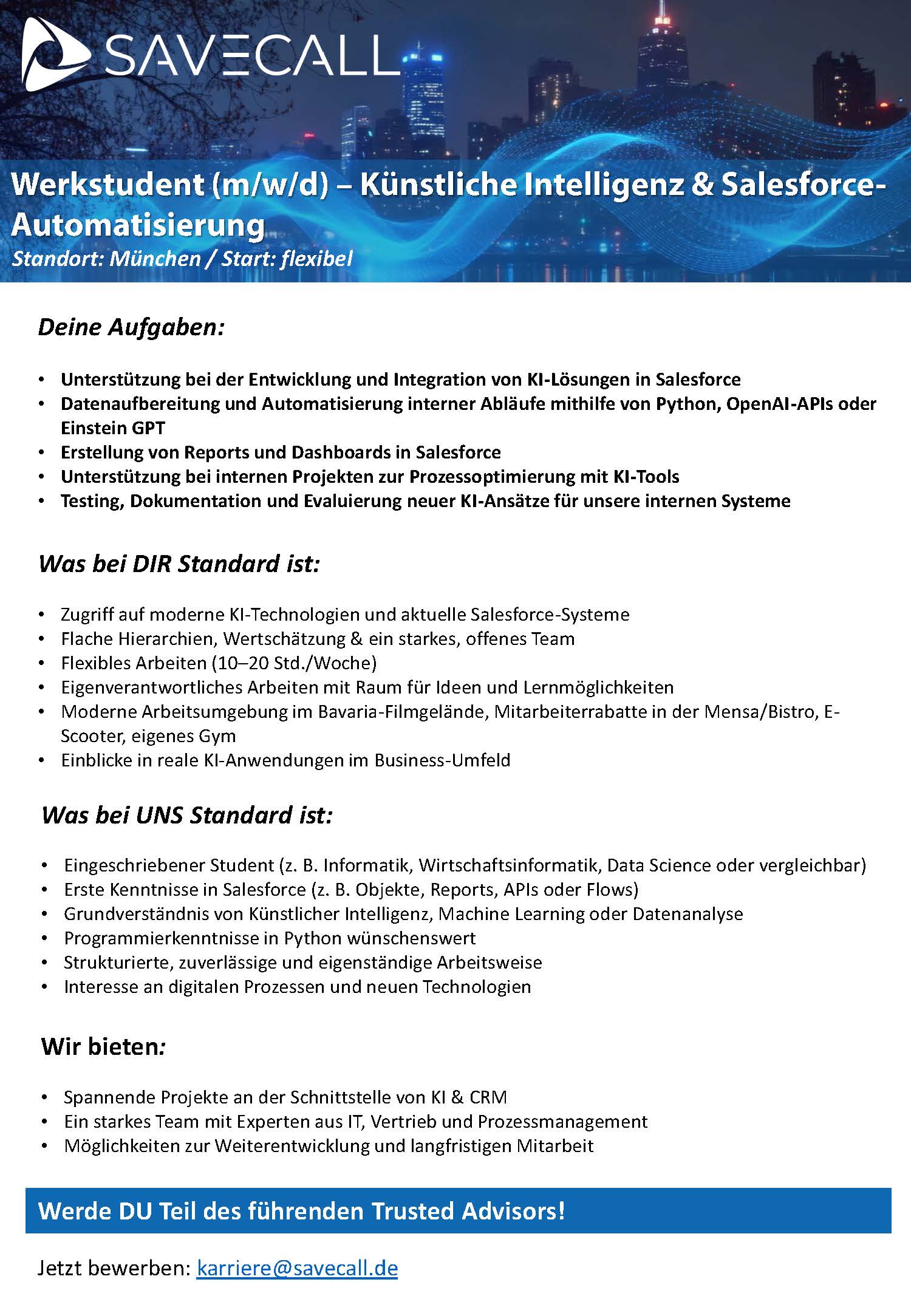 SAVECALL Werkstudent Job München – Künstliche Intelligenz (KI) & Salesforce Automatisierung | Werkstudent IT, Data Science, KI-Lösungen, Python, OpenAI, Einstein GPT, flexible Arbeitszeiten