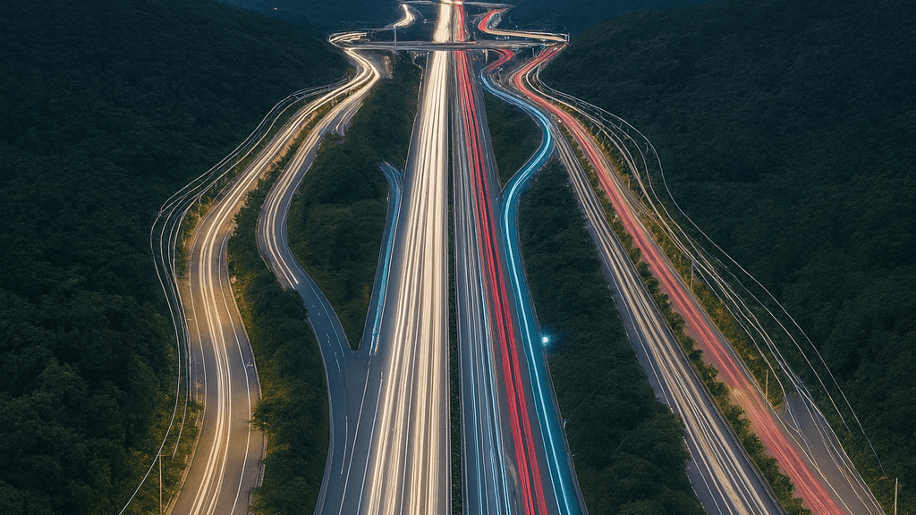 Langzeitbelichtung einer Autobahn mit Lichtspuren, die in eine moderne Skyline führen, Symbol für Highspeed-Datenverbindungen und Standortvernetzung mit Savecall.